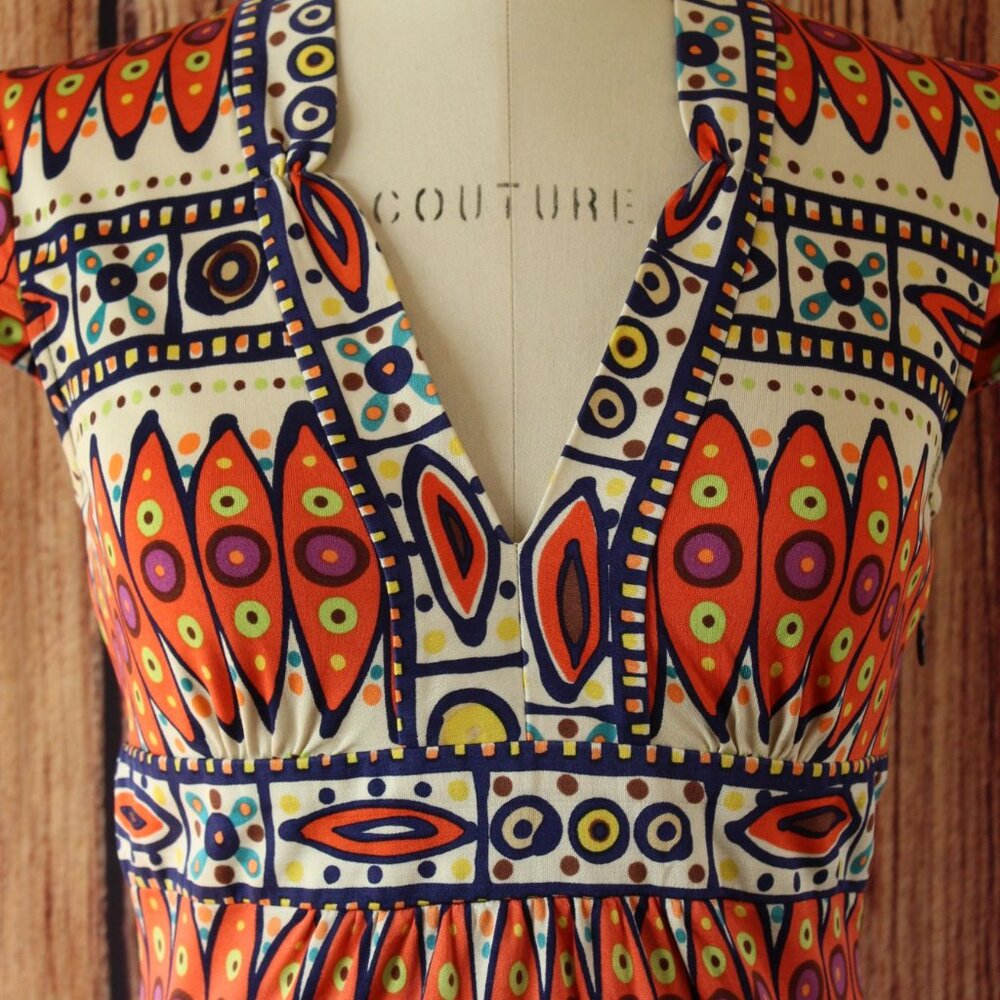 Trina Turk Womens Blouse, Silk, Size 0, Tribal Pattern in Orange and Navy - Picture 3 of 12